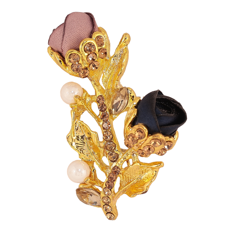Брошь Бежево-синие цветочки со стразами фото №3