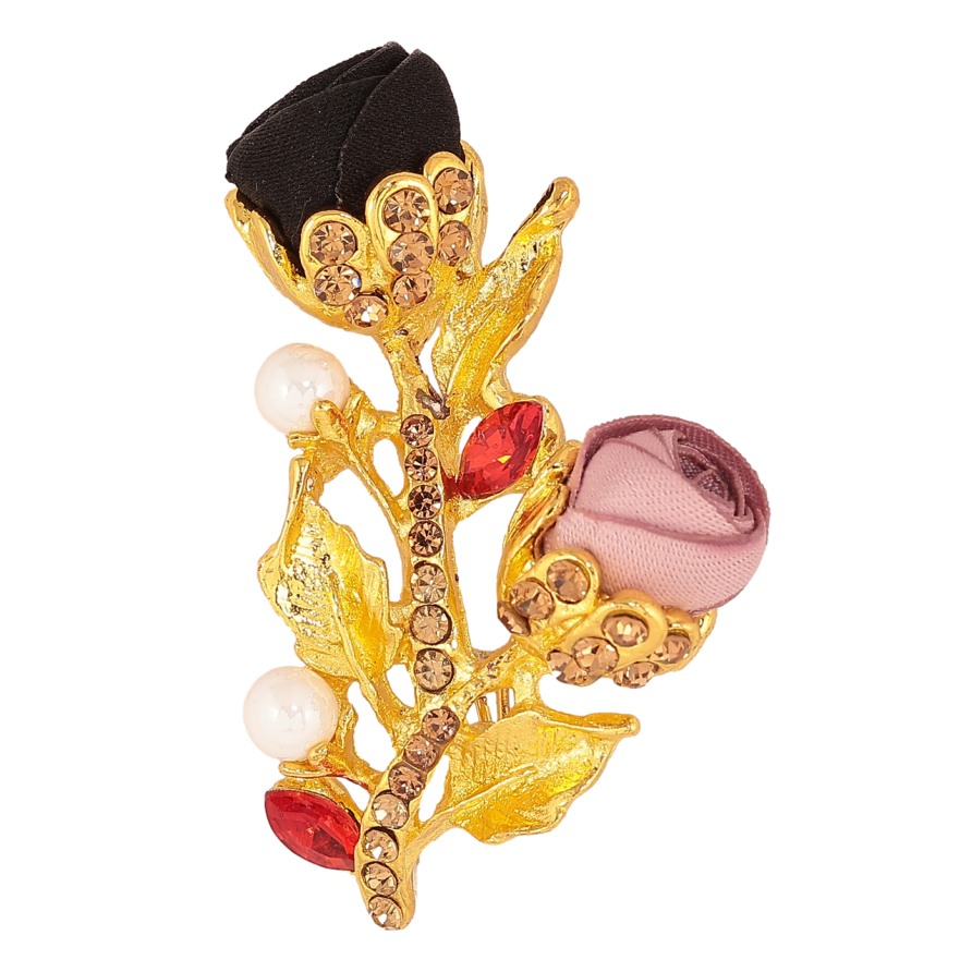 Брошка Рожево-чорні квіточки зі стразами фото №1