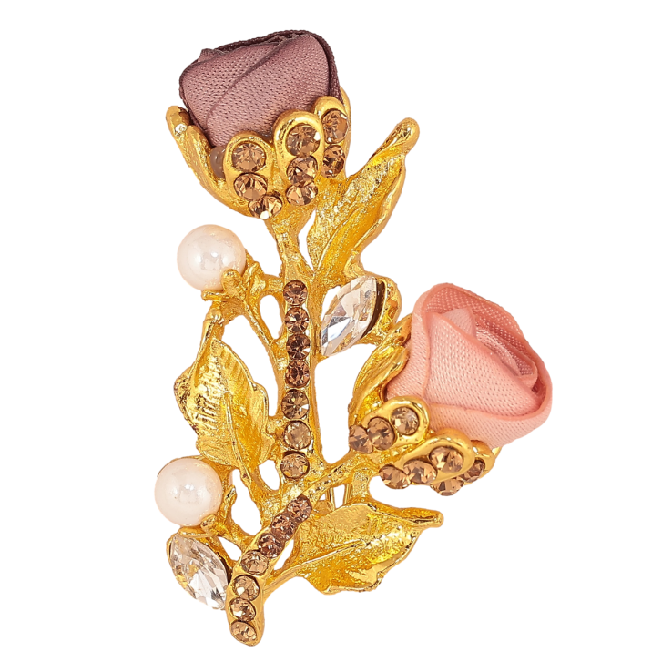 Брошь Розово-бежевые цветочки со стразами фото №7