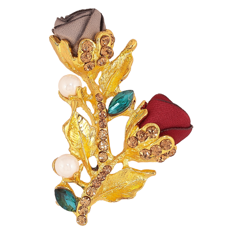 Брошь Бежево-красные цветочки со стразами фото №1