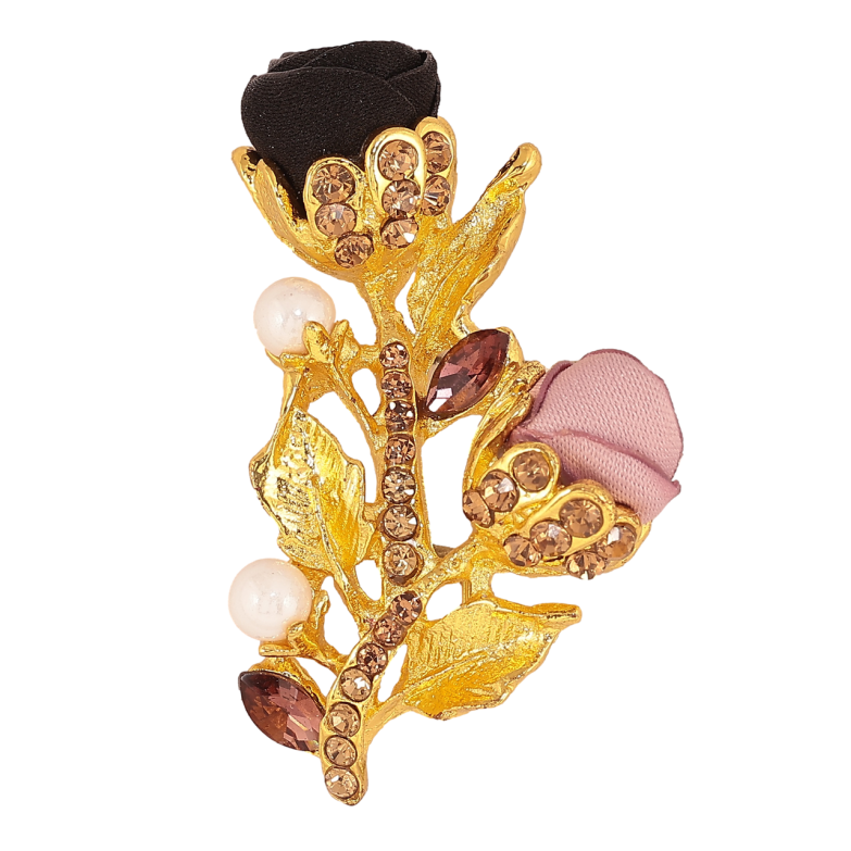 Брошь Розово-черные цветочки со стразами фото №3