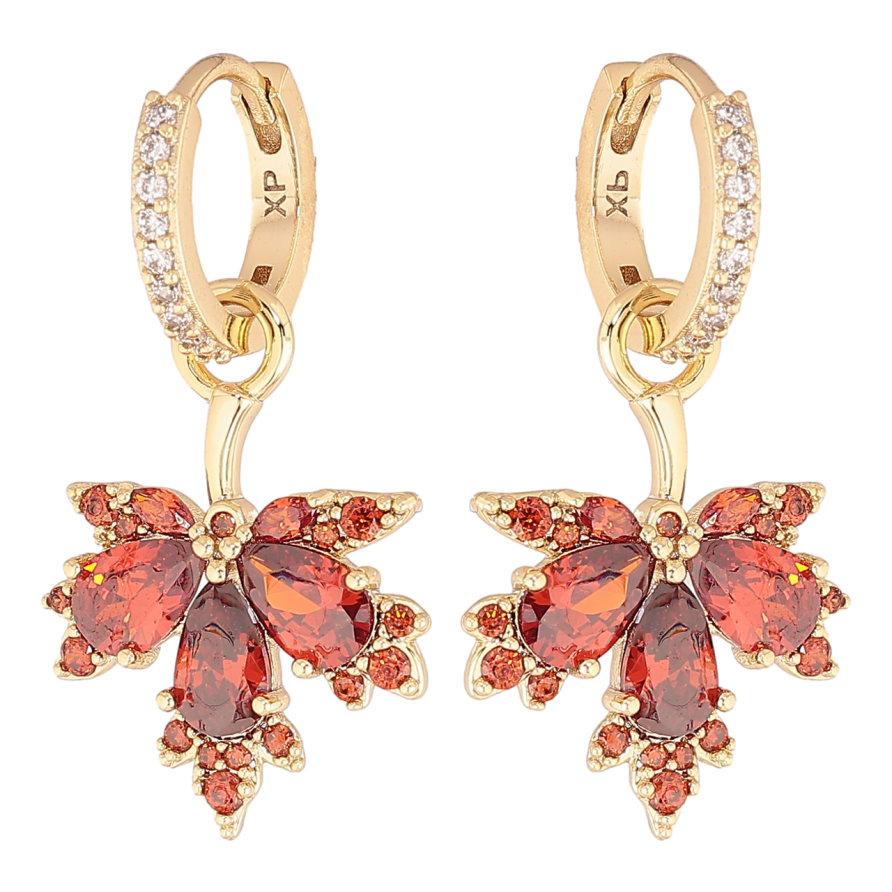 Серьги Xuping цвет Позолота 14K подвески на колечках Листочки с красными кристаллами 2 в 1 фото №1
