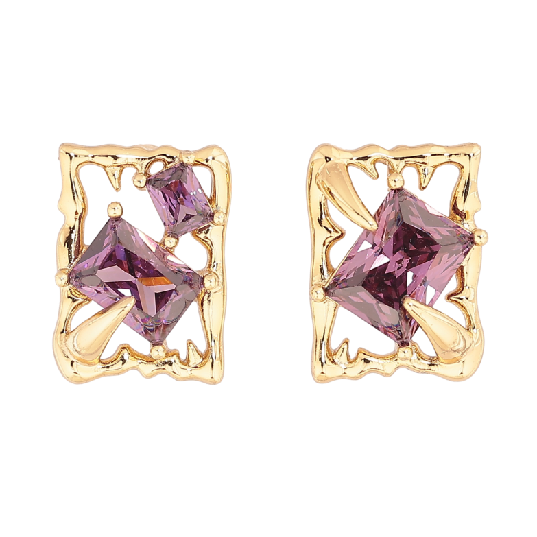 Серьги Xuping цвет Позолота 14K пусеты Асимметричные прямоугольники с сиреневыми кристаллами фото №8