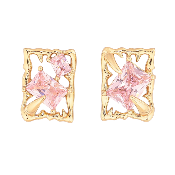 Сережки Xuping колір Позолота 14K пусети Асиметричні прямокутники з рожевими кристалами фото №16