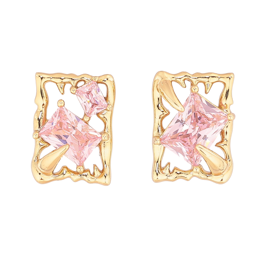 Сережки Xuping колір Позолота 14K пусети Асиметричні прямокутники з рожевими кристалами фото №1