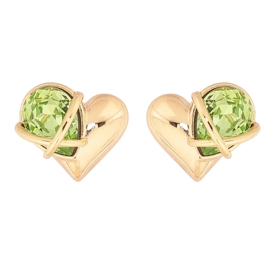 Серьги Xuping цвет Позолота 14K пусеты Сердечки с салатовыми кристаллами фото №1