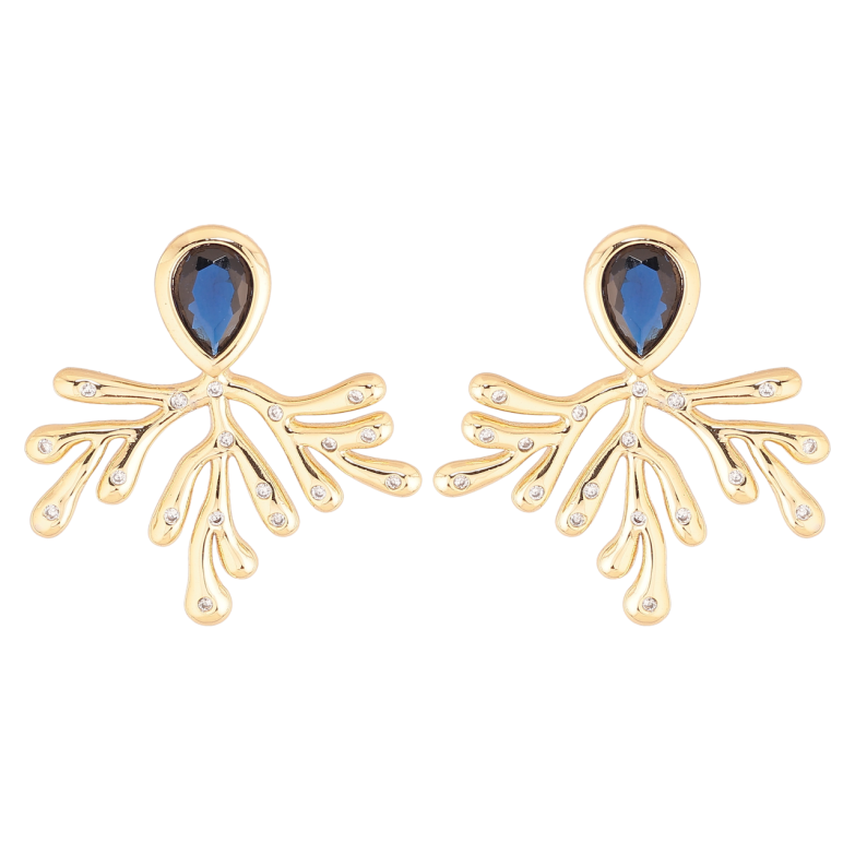 Сережки Xuping колір Позолота 14K пусети Декоративний візерунок з синіми кристалами фото №1