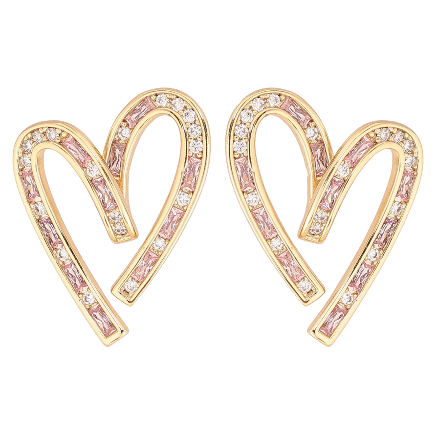 Серьги Xuping цвет Позолота 14K пусеты Сердечки с бело-розовыми кристаллами фото №1