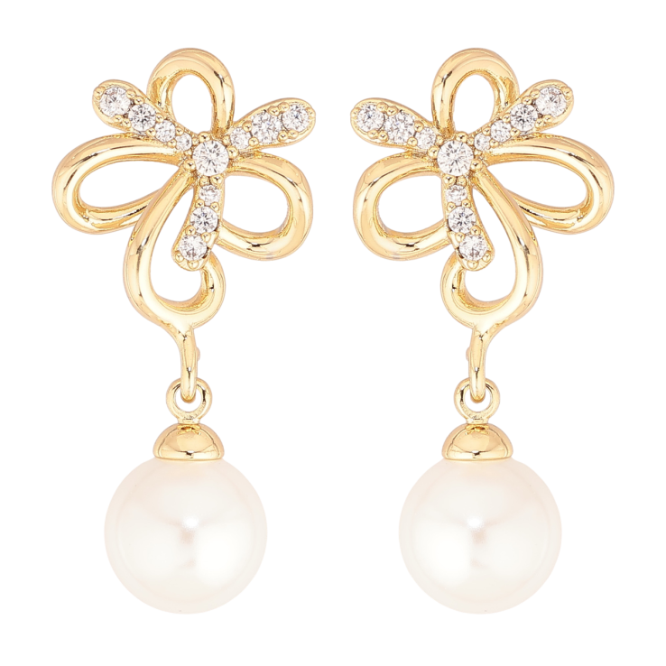 Серьги Xuping цвет Позолота 14K пусеты Цветочки с жемчужными подвесками фото №21