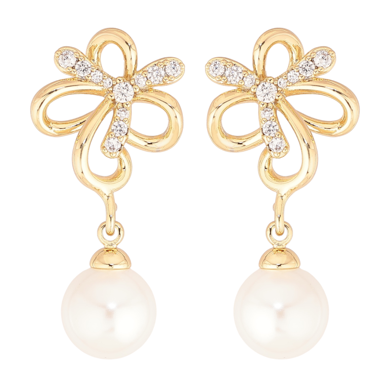 Серьги Xuping цвет Позолота 14K пусеты Цветочки с жемчужными подвесками фото №1