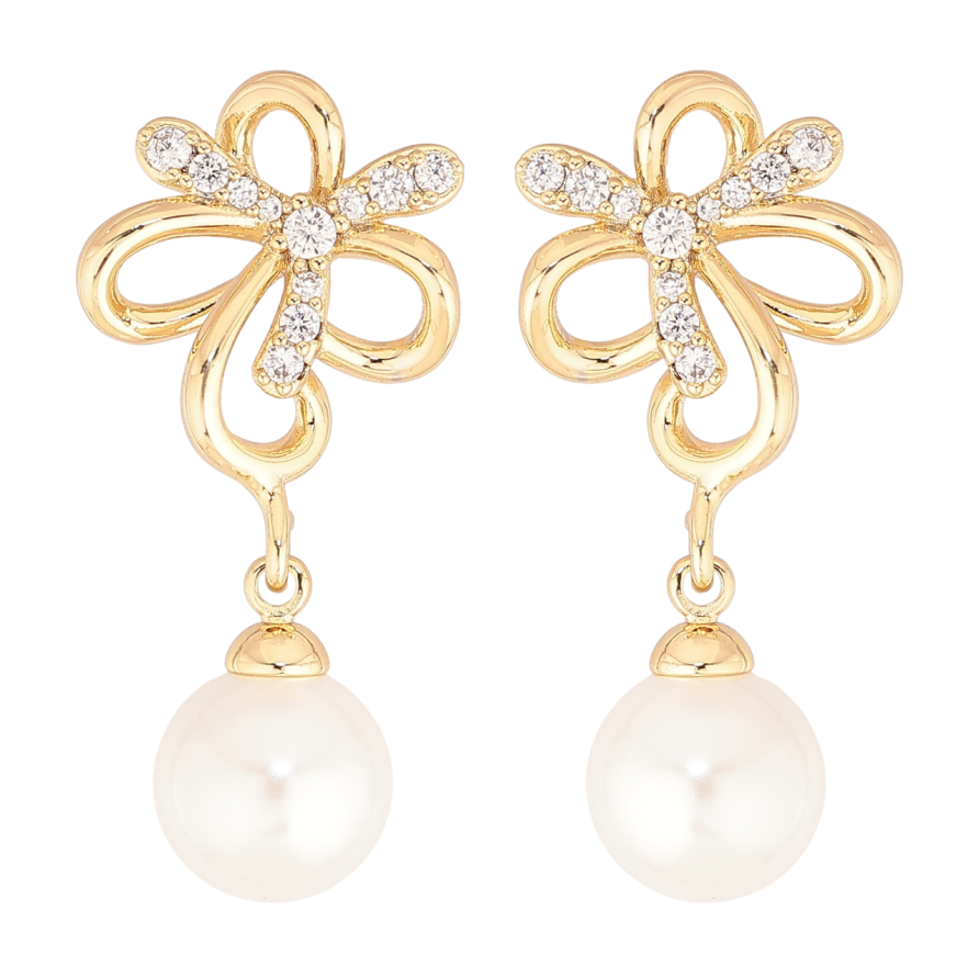 Серьги Xuping цвет Позолота 14K пусеты Цветочки с жемчужными подвесками фото №1