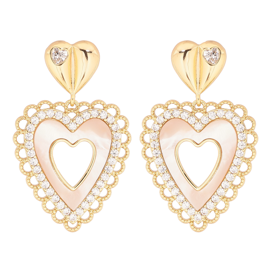 Серьги Xuping цвет Позолота 14K пусеты Сердечки с перламутровыми вставками и кристаллами фото №1