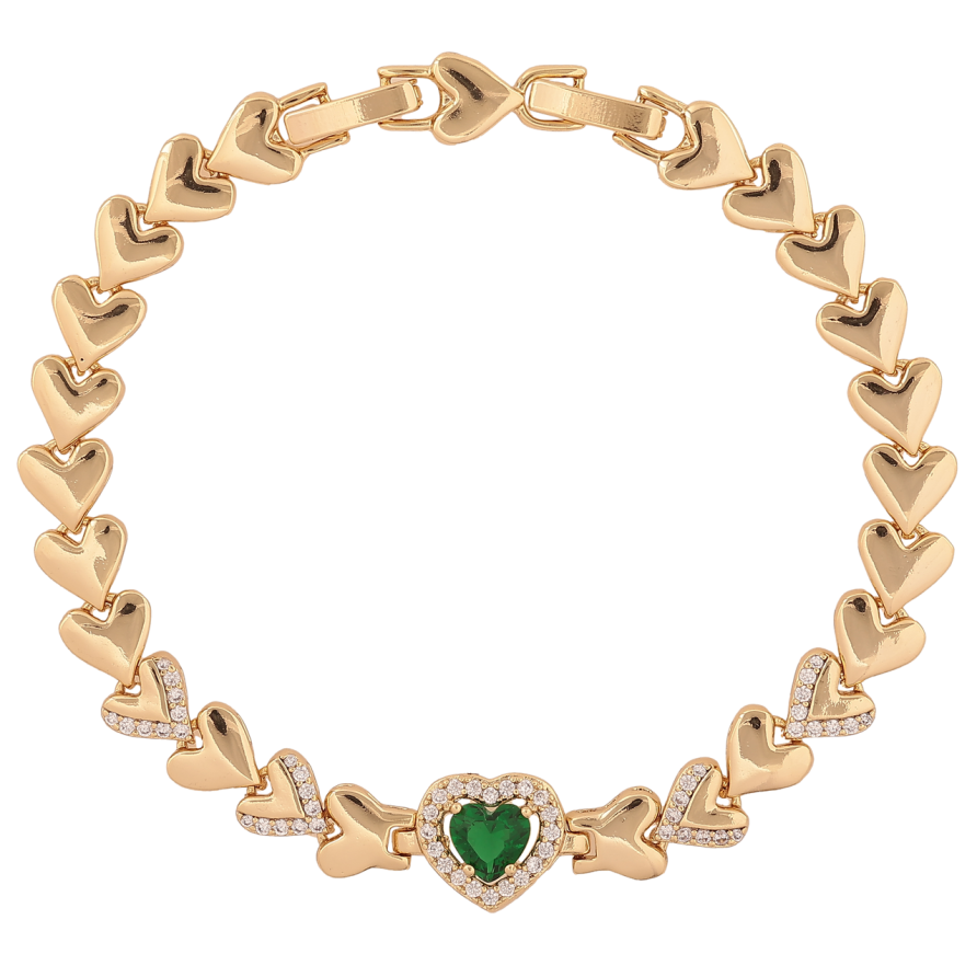 Браслет Xuping Колір Позолота 14K Сердечка з зеленим кристалом розмір з доп. замком 17.5,19.5см х 7-10мм фото №1 Браслет Xuping Колір Позолота 14K Сердечка з зеленим кристалом розмір з доп. замком 17.5,19.5см х 7-10мм фото №1