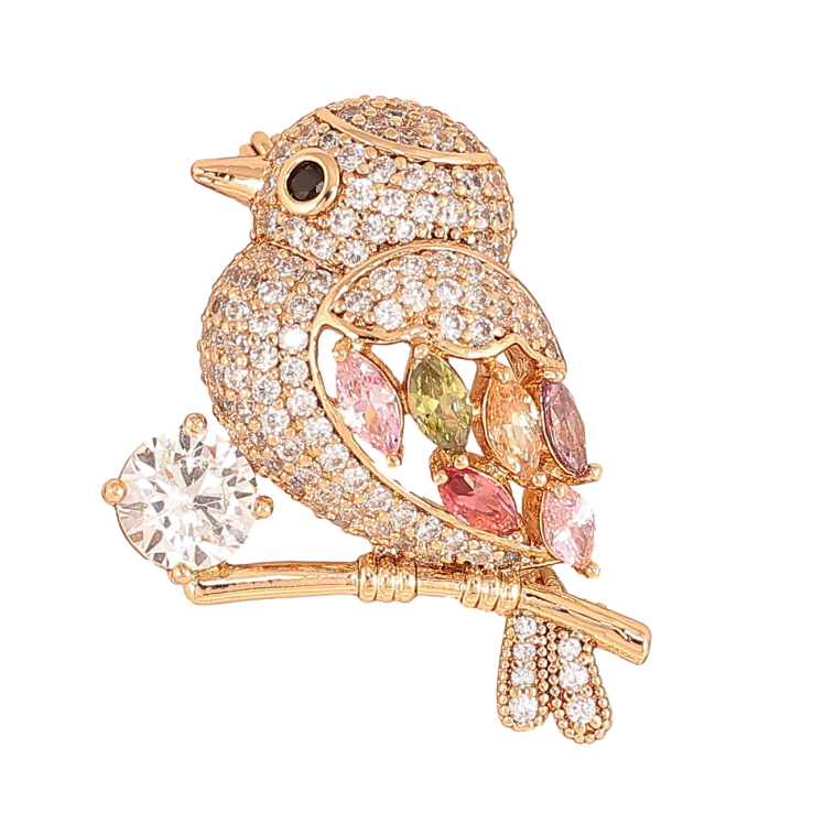 Брошка Xuping Колір Позолота 18K Горобчик з інкрустацією різнокольоровими кристалами фото №3