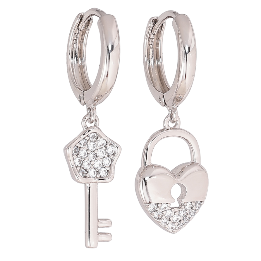 Сережки Xuping колір Родій підвіски на колечках Ключик з замочком фото №1