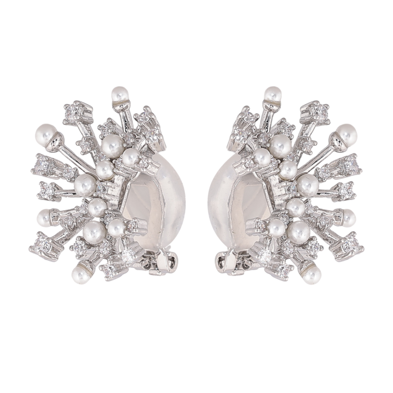 Серьги Xuping цвет Родий клипсы Лучистый узор с кристаллами и жемчугом фото №1 Серьги Xuping цвет Родий клипсы Лучистый узор с кристаллами и жемчугом фото №1