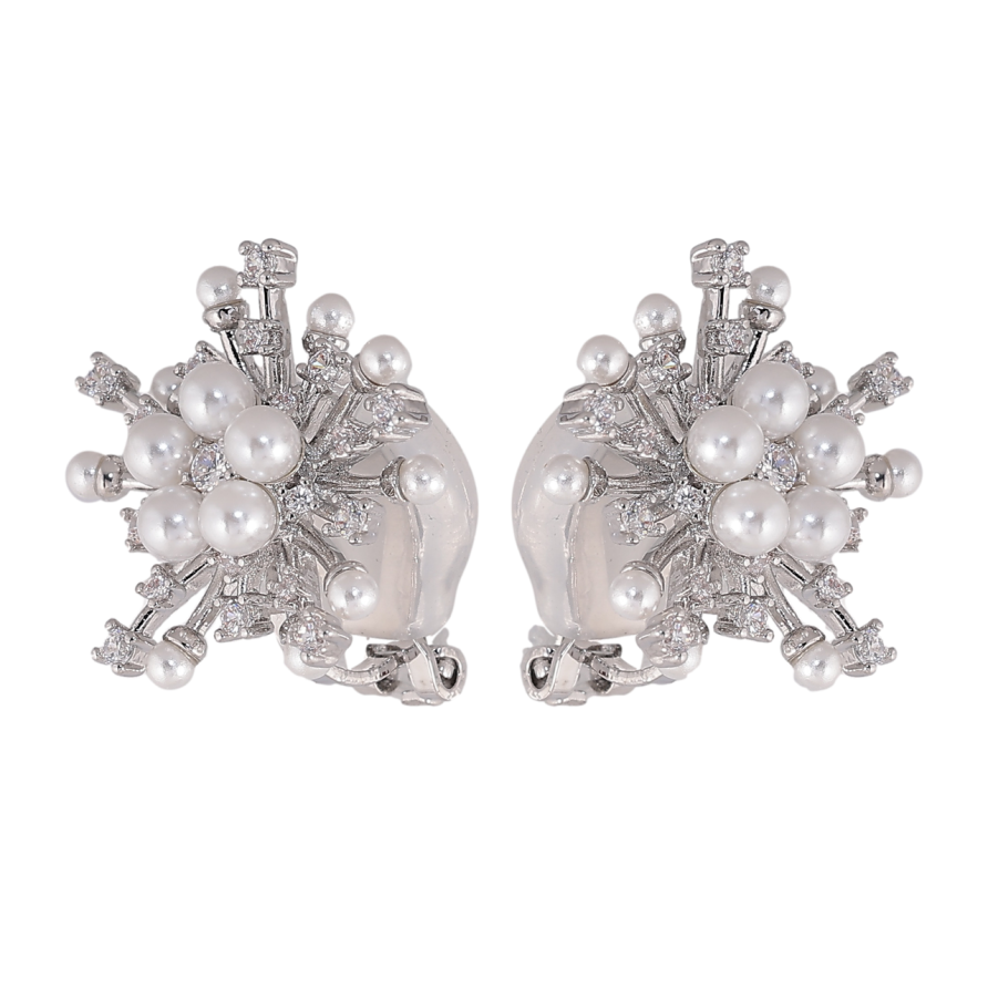 Сережки Xuping колір Родій кліпси Квіточка з перлинами та кристалами фото №1