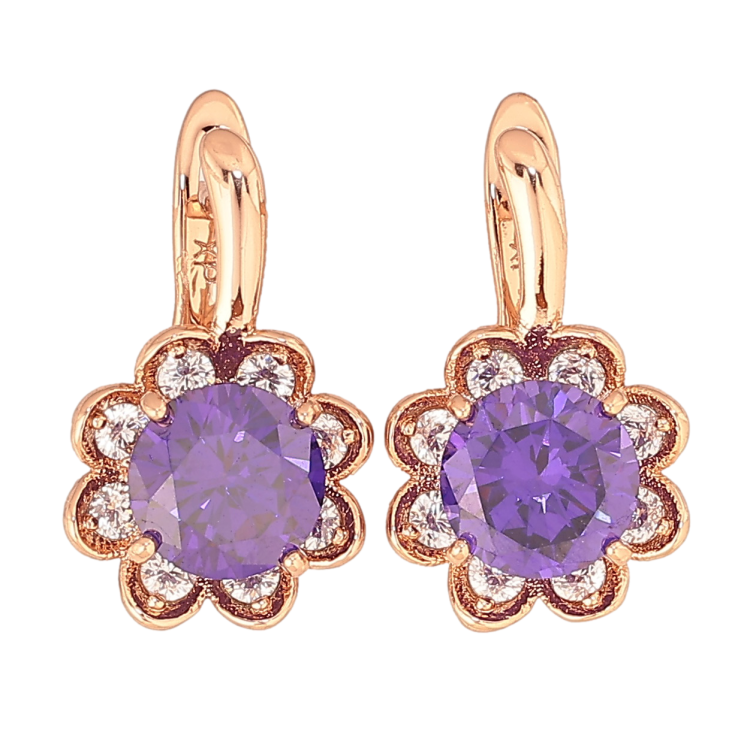 Сережки Xuping колір Позолота РО англійський замок Квіточки з бузковими кристалами на один бік фото №23 Сережки Xuping колір Позолота РО англійський замок Квіточки з бузковими кристалами на один бік фото №23