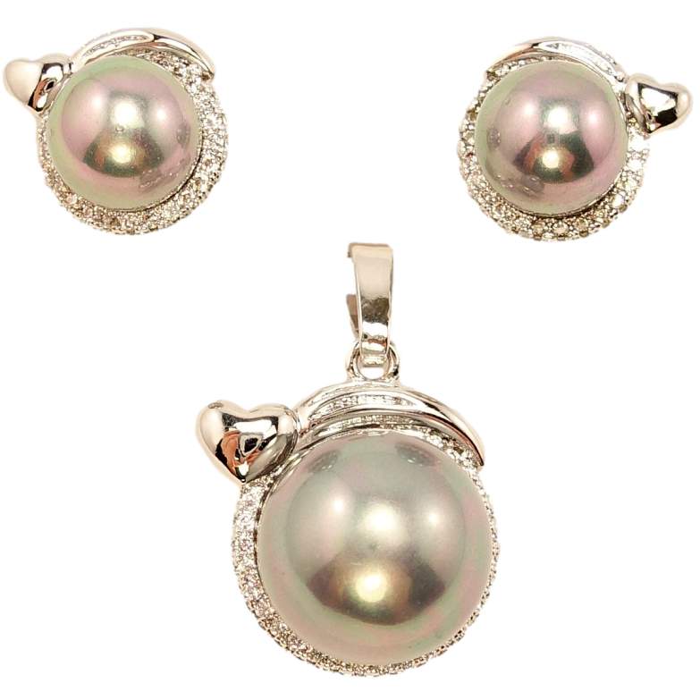 Набір Xuping Родій Сережки Кулон Сіра Перлина в Оправі з Декором Серце фото №1