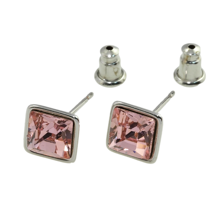 Сережки Xuping колір Родій з кристалами Swarovski пусети Рожевий Квадратний Кристал 6х6 мм фото №1