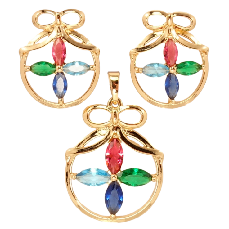 Набір Xuping Позолота 18K Сережки Кулон Різнобарвний Чотирилисник у Круглий Рамці з Бантиком фото №22