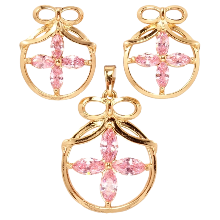 Набір Xuping Позолота 18K Сережки Кулон Рожевий Чотирилисник у Круглий Рамці з Бантиком фото №21