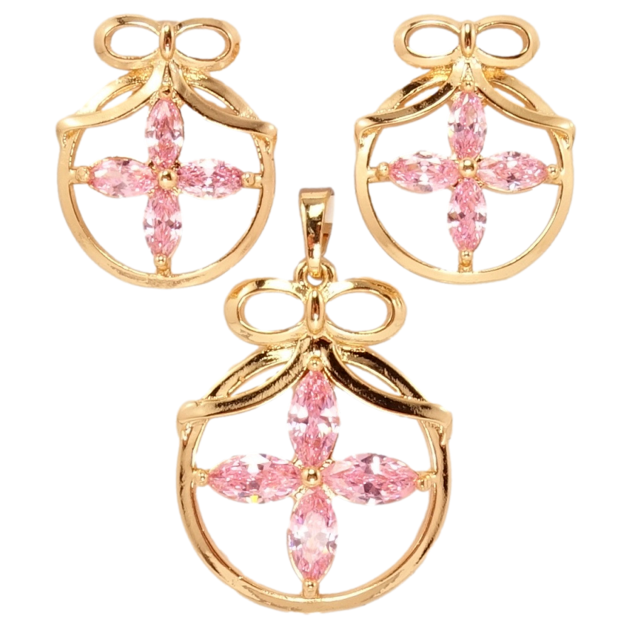 Набір Xuping Позолота 18K Сережки Кулон Рожевий Чотирилисник у Круглий Рамці з Бантиком фото №1 Набір Xuping Позолота 18K Сережки Кулон Рожевий Чотирилисник у Круглий Рамці з Бантиком фото №1