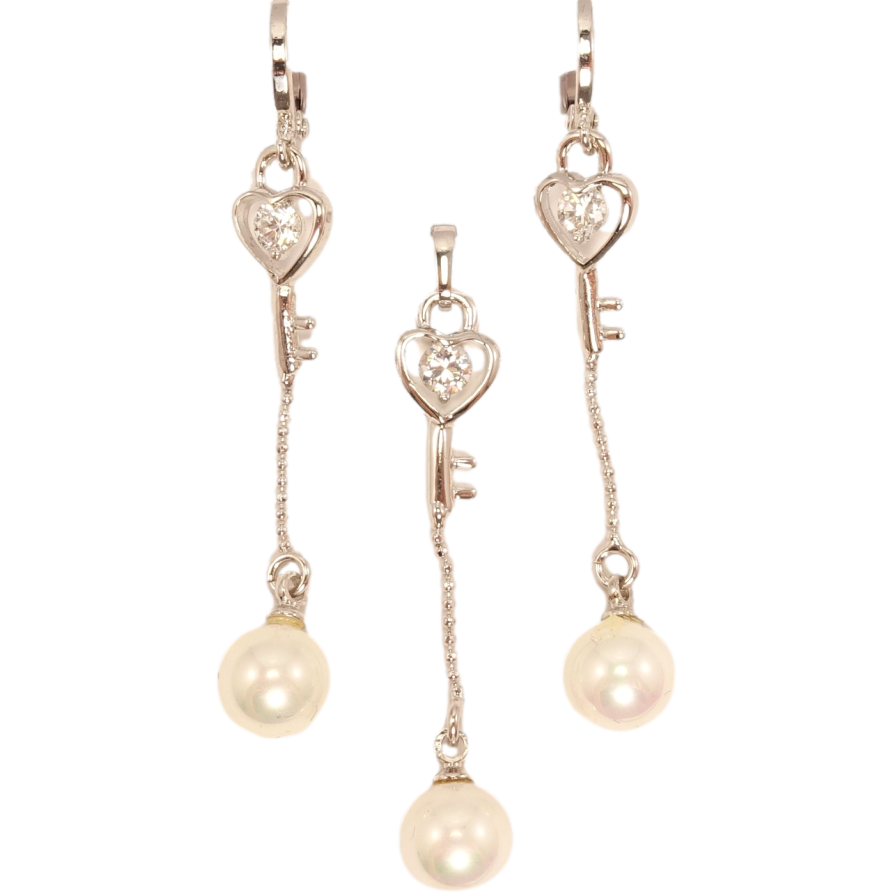 Набір Xuping Родій Сережки Кулон Ключик-серце з перлиною на ланцюжку фото №1