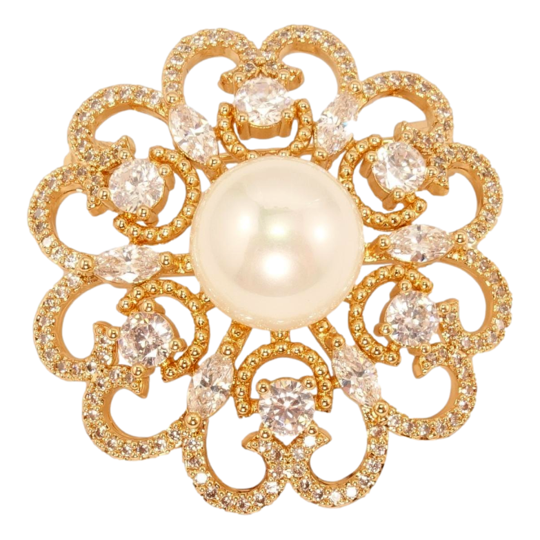 Брошка Xuping Позолота 18K Декоративна квітка з цирконієм та перлами фото №1