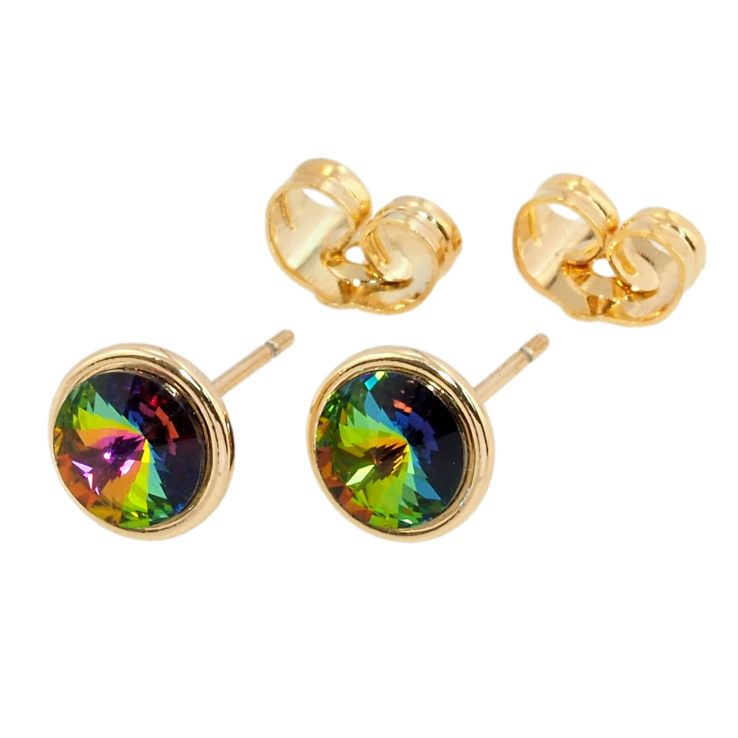 Сережки Xuping колір 18K з кристалами Swarovski пусети Кристал Vitrail Medium в ободковій оправі ø 8мм фото №4 Сережки Xuping колір 18K з кристалами Swarovski пусети Кристал Vitrail Medium в ободковій оправі ø 8мм фото №4