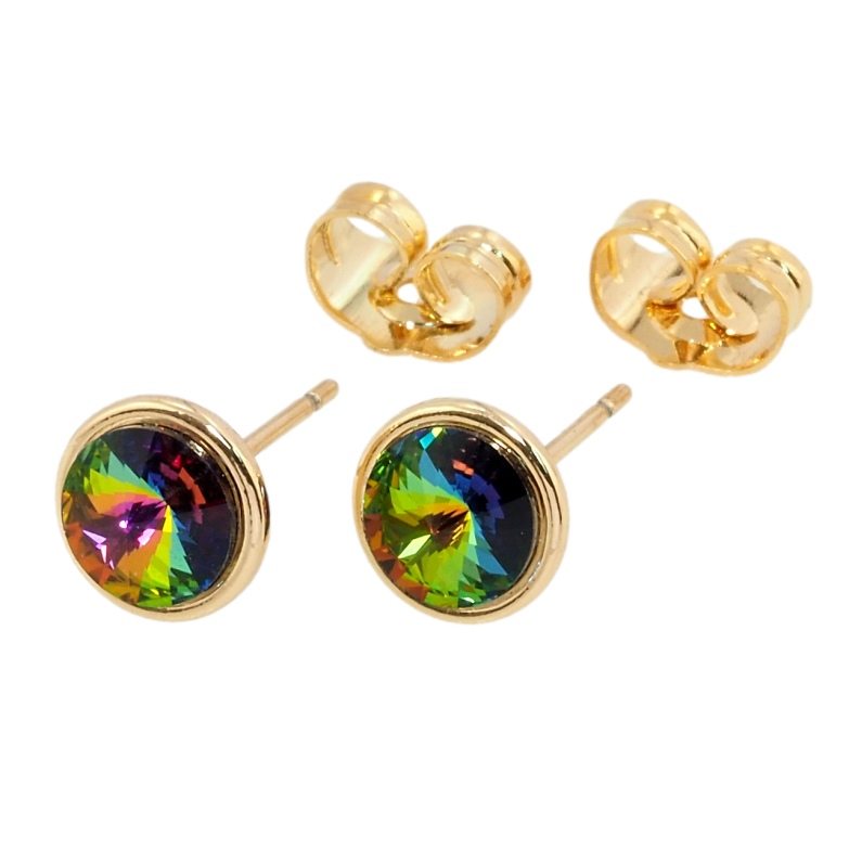 Сережки Xuping колір 18K з кристалами Swarovski пусети Кристал Vitrail Medium в ободковій оправі ø 8мм фото №1 Сережки Xuping колір 18K з кристалами Swarovski пусети Кристал Vitrail Medium в ободковій оправі ø 8мм фото №1