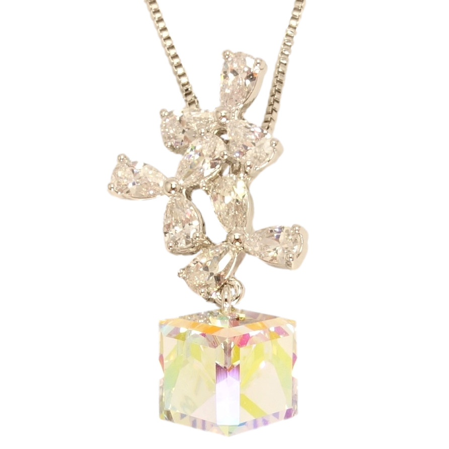 Кулон Xuping колір Родій з кр-ми Swarovski на ланцюжку Квіткова феєрія з кристальним кубом довжина 39-44см фото №1