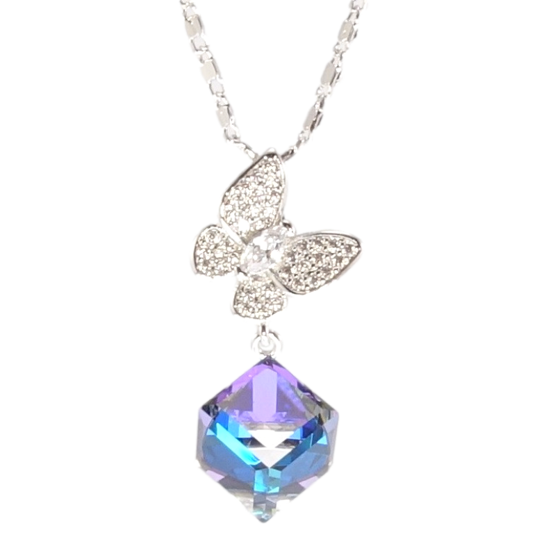 Кулон Xuping цвет Родий с кр-ми Swarovski на цепочке Бабочка с кр-м кубом с сиренево-синим отливом длина фото №1