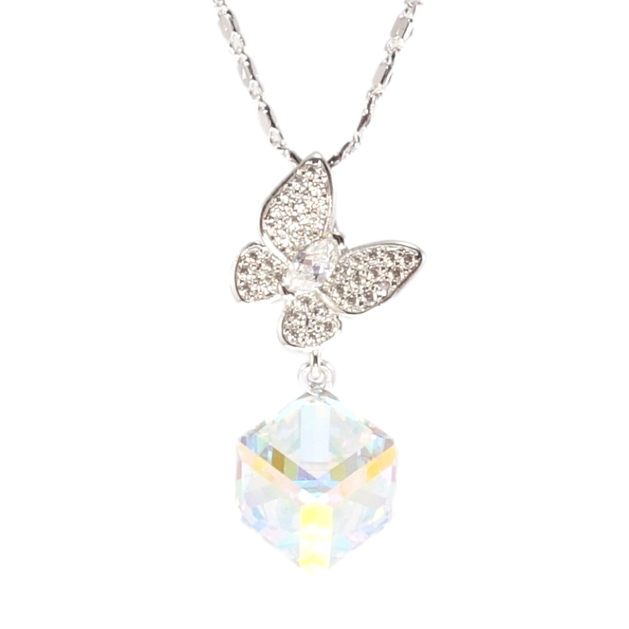 Кулон Xuping цвет Родий с кр-ми Swarovski на цепочке Бабочка с кристальным кубом Shimmer длина 38,5-43,5см фото №1