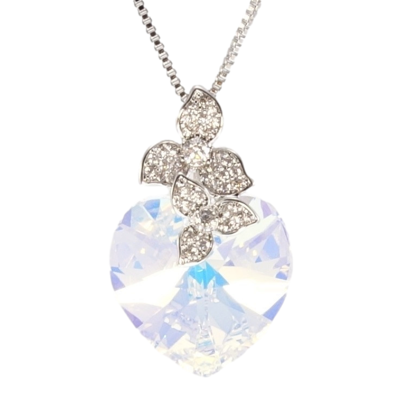 Кулон Xuping колір Родій з кр-ми Swarovski на ланцюжку Кристальне серце Shimmer з квіточками довжина 38.5-43,5см фото №1