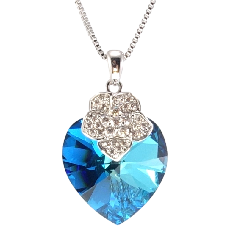 Кулон Xuping колір Родій з кр-ми Swarovski на ланцюжку Кристальне серце Metallic Blue з квіточкою довжина фото №1 Кулон Xuping колір Родій з кр-ми Swarovski на ланцюжку Кристальне серце Metallic Blue з квіточкою довжина фото №1