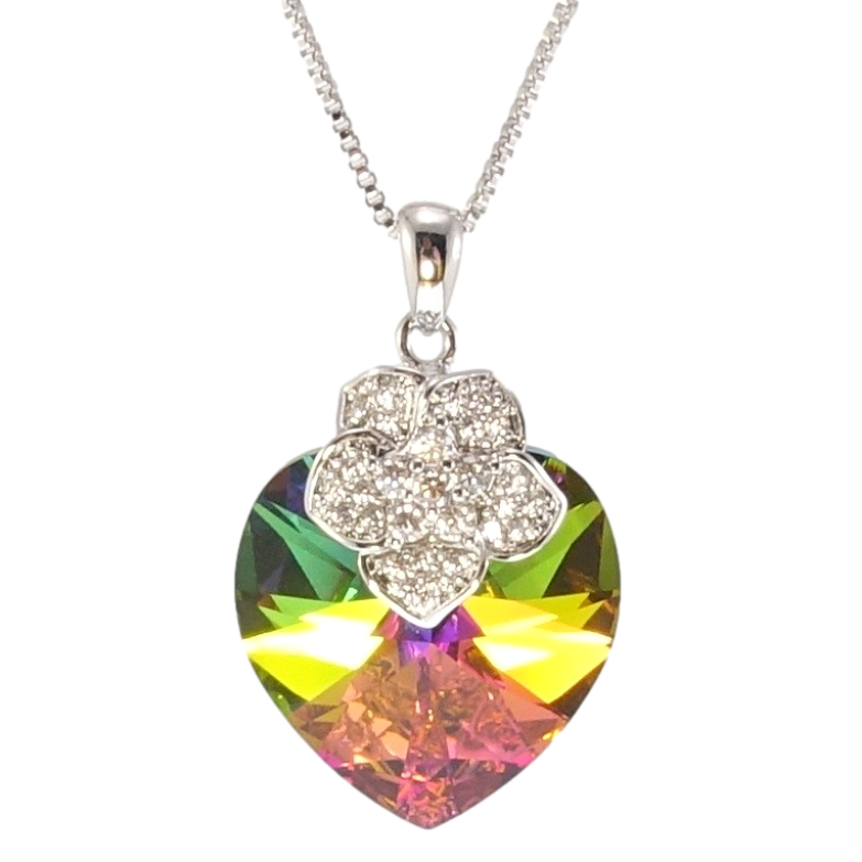 Кулон Xuping колір Родій з кр-ми Swarovski на ланцюжку Кристальне серце Vitrail Medium з квіточкою довжина фото №1