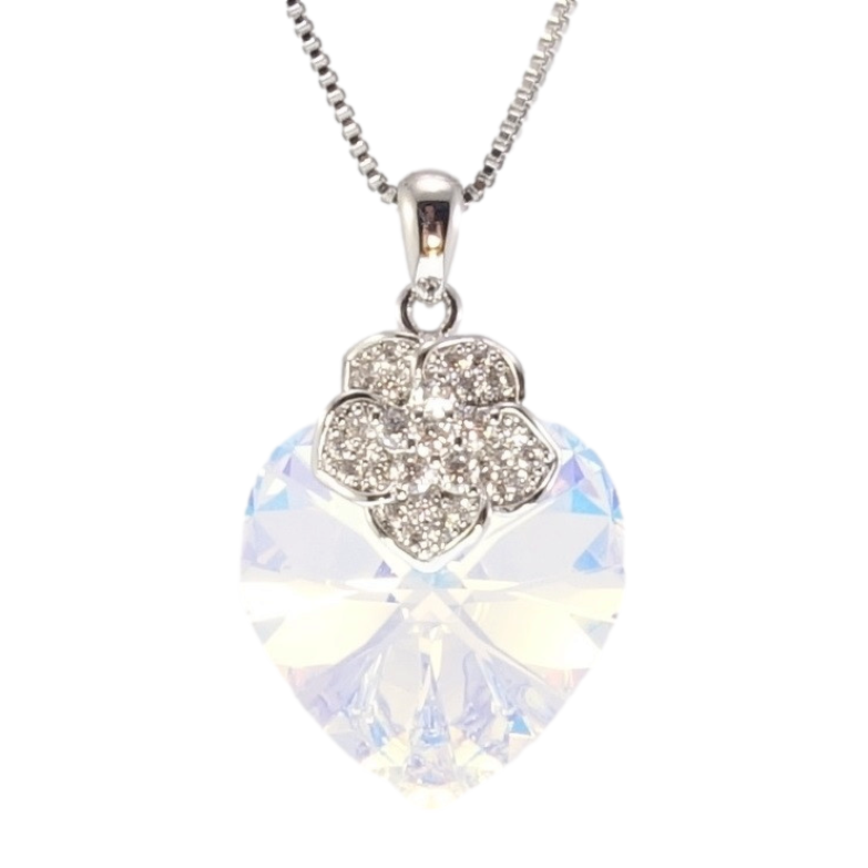 Кулон Xuping колір Родій з кр-ми Swarovski на ланцюжку Кристальне серце Shimmer з квіточкою довжина 38.5-43,5см фото №1
