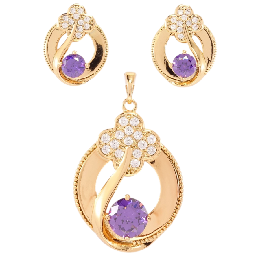 Набор Xuping Позолота 18K Серьги Кулон Декоративное кольцо с фиолетовым кристаллом и четырехлистником из фото №1