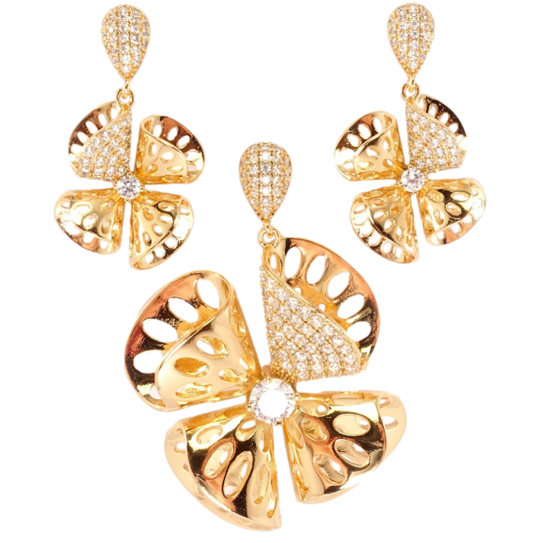 Набір Xuping Позолота 18K Сережки Кулон Крапелька цирконій з підвіскою велика квітка з різьбленими пелюстками фото №1 Набір Xuping Позолота 18K Сережки Кулон Крапелька цирконій з підвіскою велика квітка з різьбленими пелюстками фото №1