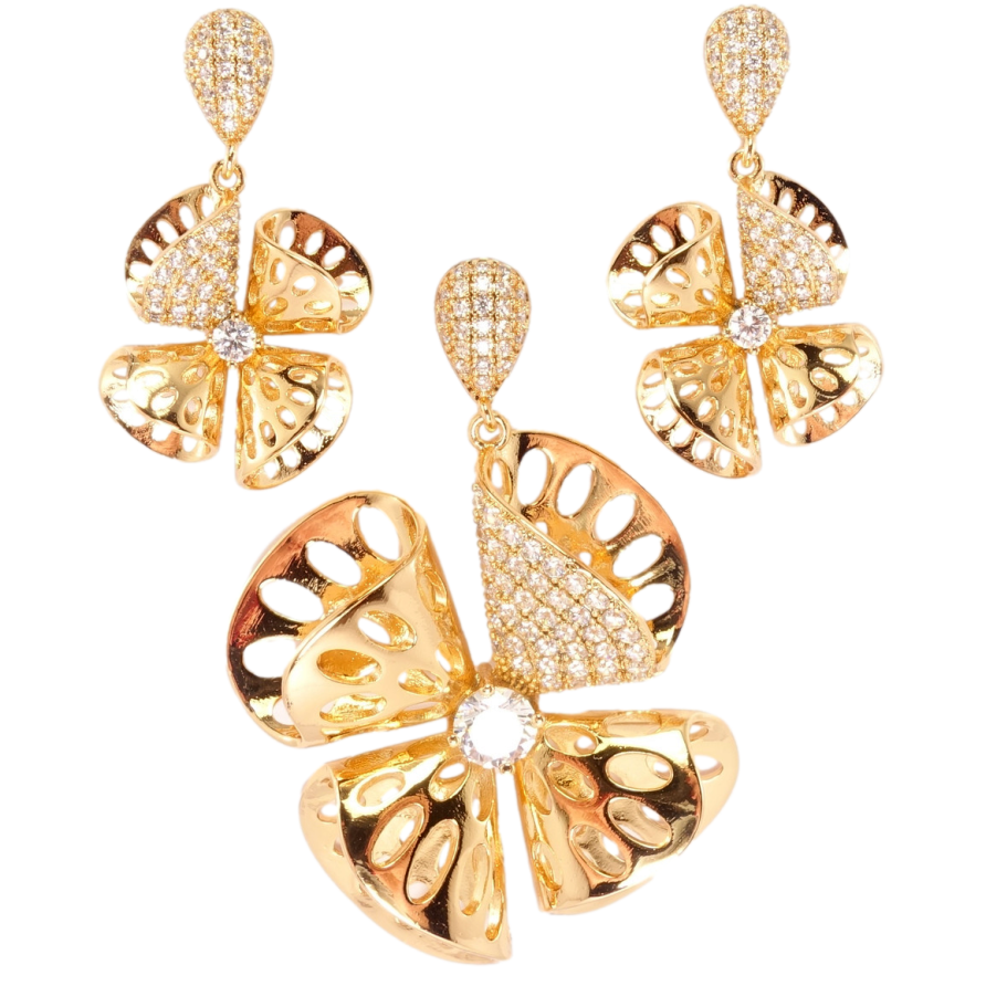 Набір Xuping Позолота 18K Сережки Кулон Крапелька цирконій з підвіскою велика квітка з різьбленими пелюстками фото №1