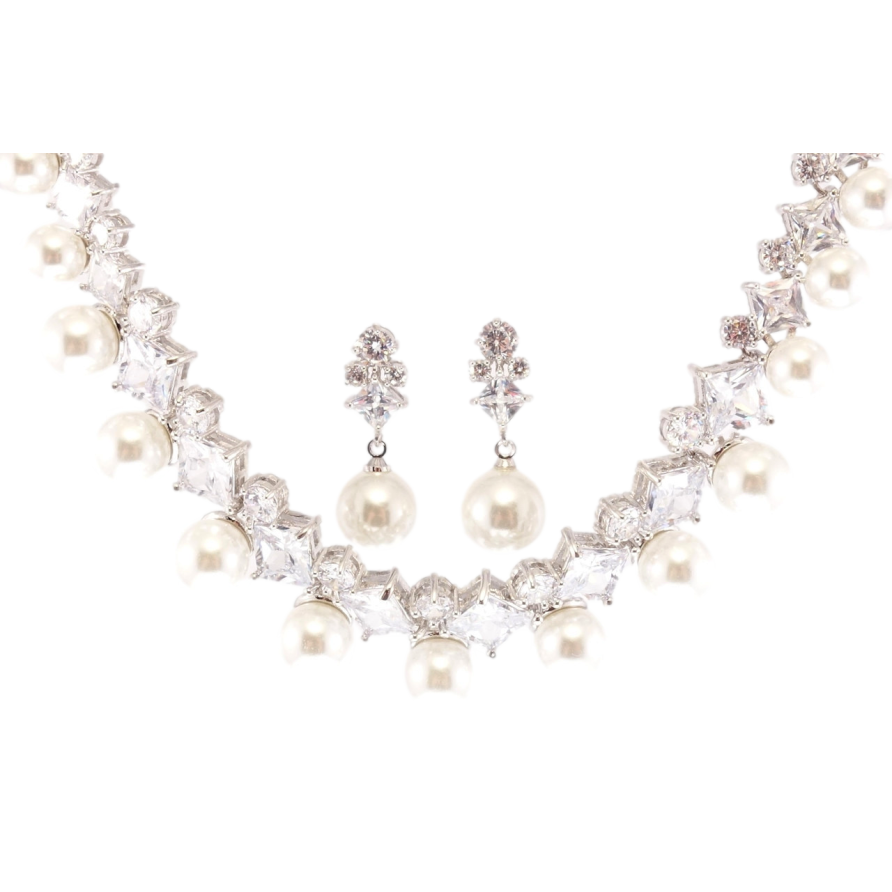 Набор Xuping Родий Серьги Колье Грациозный орнамент с кристаллами и жемчугом размер 42,5см х 8-17мм фото №1 Набор Xuping Родий Серьги Колье Грациозный орнамент с кристаллами и жемчугом размер 42,5см х 8-17мм фото №1