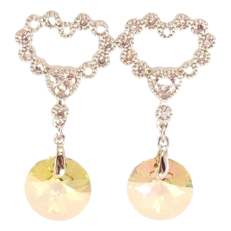 Серьги Xuping цвет Родий с кристаллами Swarovski пусеты "Сердечки с подвеской кристалл Luminous Green" фото №1
