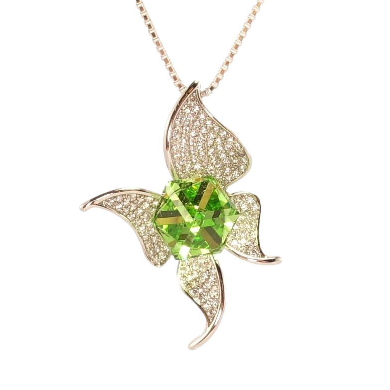 Кулон Xuping колір Родій з кр-ми Swarovski на ланцюжку Метелик з кубом Peridot та кристалом дл.40-45см х 1мм фото №1 Кулон Xuping колір Родій з кр-ми Swarovski на ланцюжку Метелик з кубом Peridot та кристалом дл.40-45см х 1мм фото №1