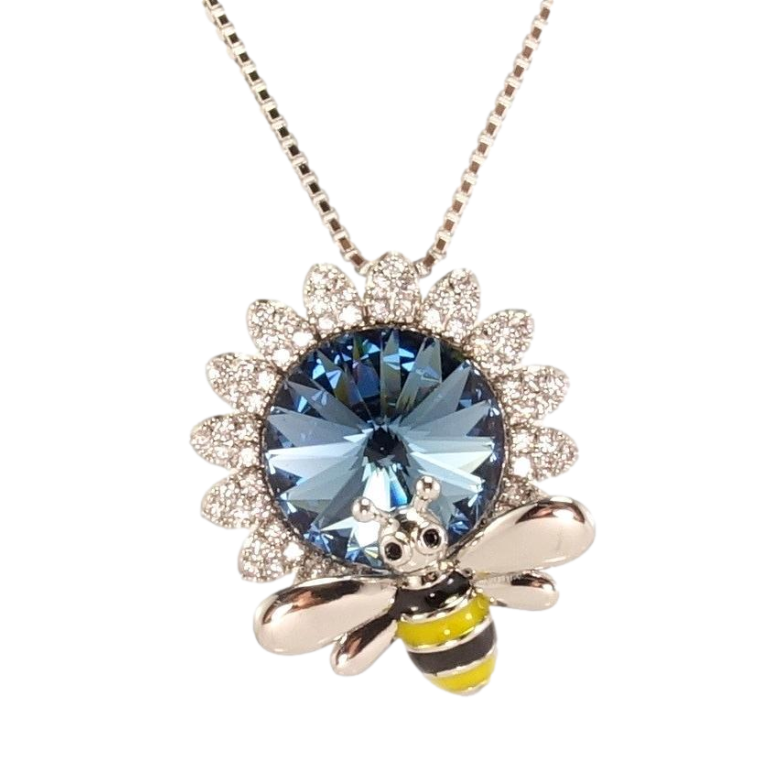 Кулон Xuping колір Родій з кр-ми Swarovski на ланцюжку Квітка з кристалом Montana та бджолою дл.40-45см х 1мм фото №1