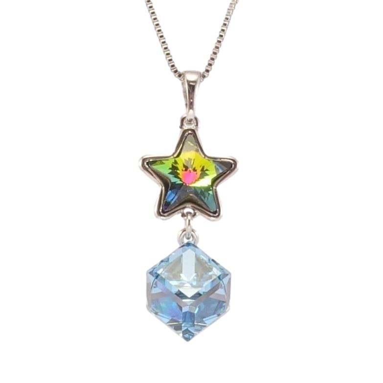 Кулон Xuping цвет Родий с кр-ми Swarovski на цепочке Звезда с кубом кристаллы Vitrail и Aquamarine дл. фото №4
