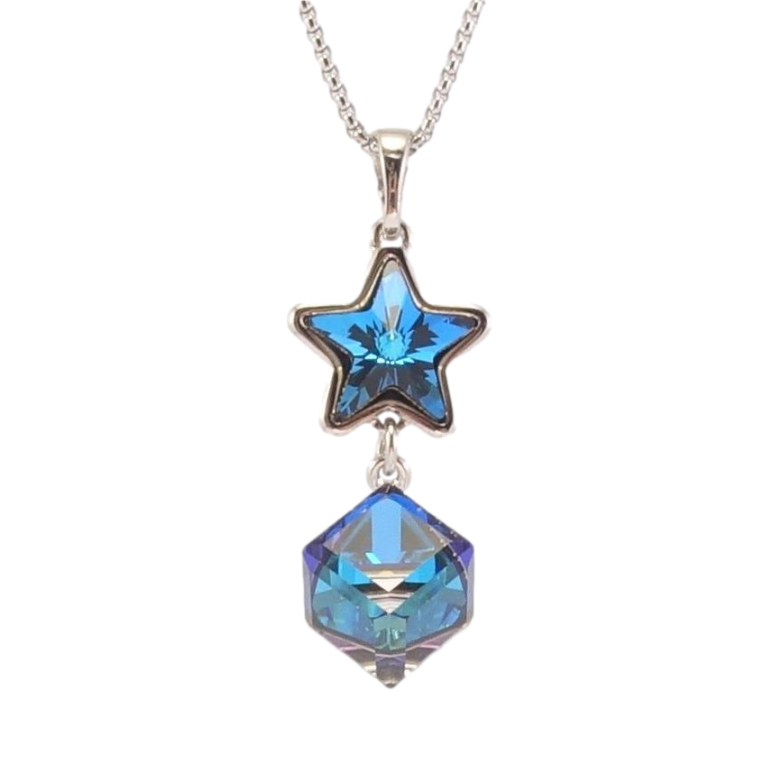 Кулон Xuping цвет Родий с кр-ми Swarovski на цепочке Звезда с кубом кристалл Capri Blue дл. 40-45см х 1мм фото №3