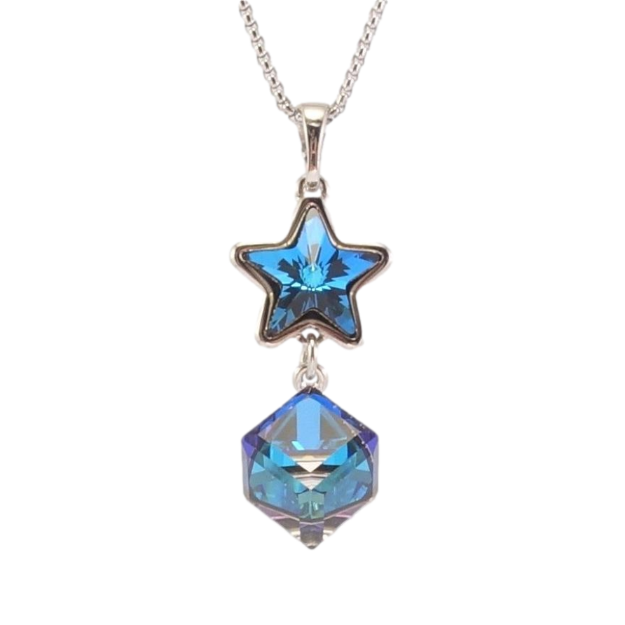 Кулон Xuping колір Родій із кр-ми Swarovski на ланцюжку Зірка з кубом кристал Capri Blue дл. 40-45см х 1мм фото №1