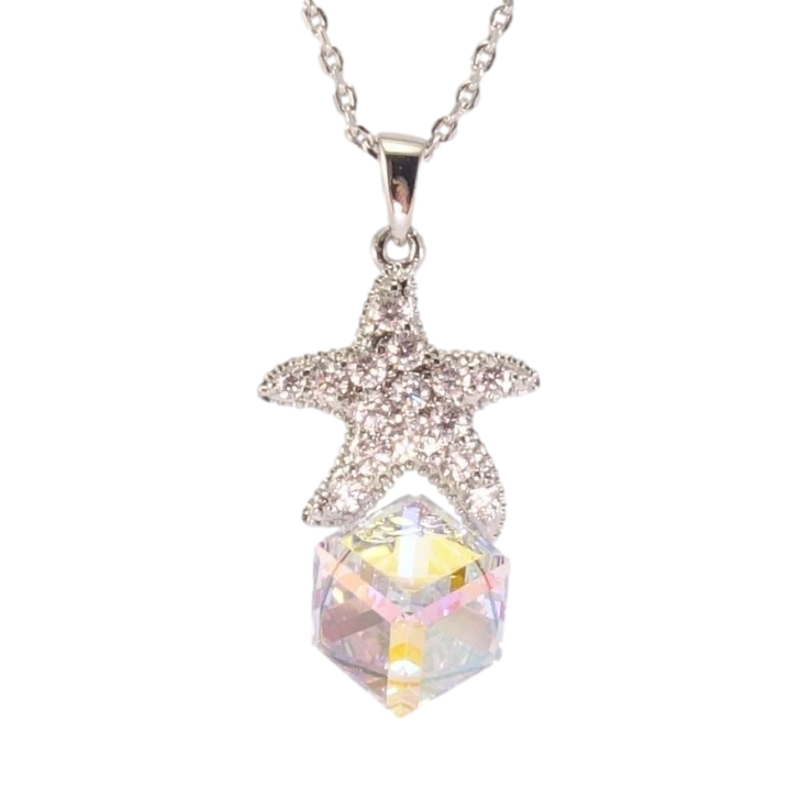 Кулон Xuping цвет Родий с кр-ми Swarovski на цепочке Кристальный куб Shimmer с морской звездой дл. 39-44см х фото №2