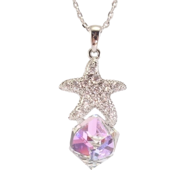 Кулон Xuping цвет Родий с кр-ми Swarovski на цепочке Кристальный куб Tanzanite с морской звездой дл. 39-44см фото №1